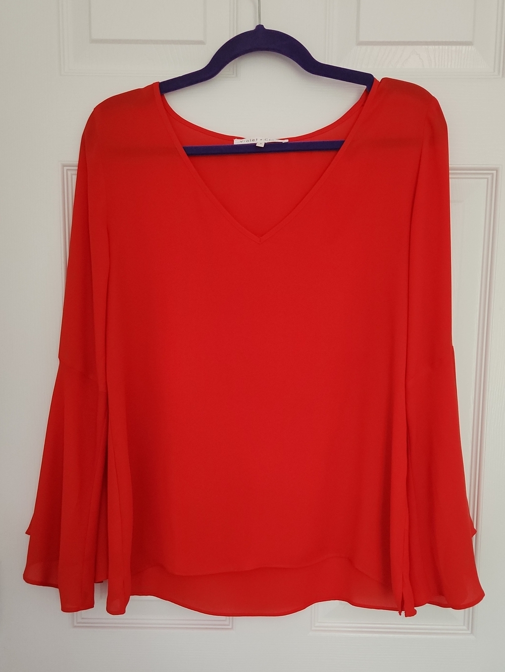 Violet & Claire Bright Coral V-Neck Bell Sleeve Tunic